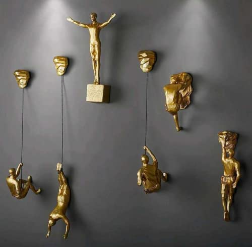 Large Set of 6 Wall Climbing Man, Gold x6 Climbing Man + x3 Rocks to Hide Nails, Wall Decor, Wall Art, Climbing Wall Sculpture, Wall Hangings