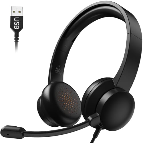 Masajoy USB Headset with Microphone for PC, Wired Headphones with Mic USB Headset with Noise Cancelling Microphone, Computer Headset with Microphone for Home Office Online Class Teams Skype（Black）