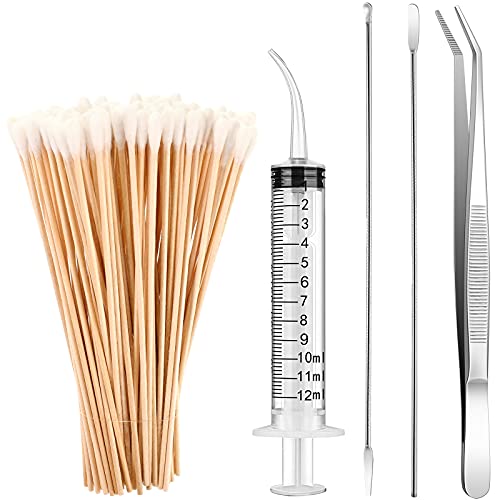 Nuanchu Tonsil Stone Removal Set Includes 2 Stainless Steel Tonsil Stone Removal Tools, 1 Stainless Steel Elbow Tweezers and 100 Long Swabs with 1 Curved Irrigator Syringe to Get Rid of Bad Breath