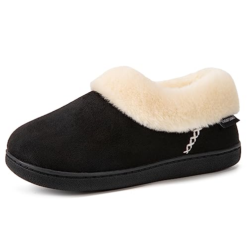 EverFoams Women's Faux Fur Bootie Slippers Ladies House Shoes with Bedroom Memory Foam and Indoor Outdoor Rubber Sole Black, 5-6 US