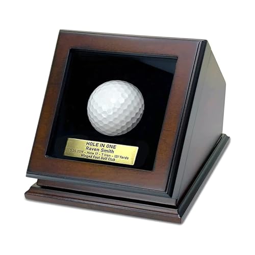 Chez Monett Hole-in-One Golf Ball Display Case -Custom Brass Plaque Engraving-Durable Wood & Glass Design