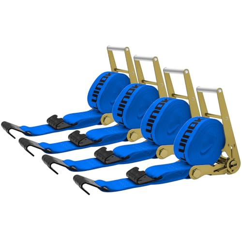 SALUINOKI 4Pack 4 inch Ratchet Straps Flatbed 4x30 Truck Strap with Flat Hook for Flatbed Trailer Winch Strap Heavy Duty 4 inch Ratchet Straps Flatbed Blue