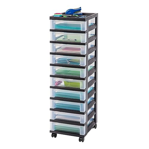 IRIS USA Plastic Drawer Storage Organizer Rolling Cart with Wheels Casters 10-Drawers for Classroom Art Craft Supplies Dresser Closet Bathroom Laundry Room Black/Clear
