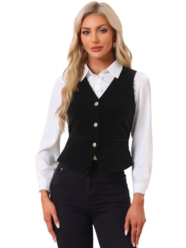 Allegra K Women's Waistcoat Steampunk Velvet Sleeveless Button Down V-Neck Suit Vests Medium Black