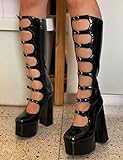 Frankie Hsu Gothic Lolita Women's Large Size Buckle Strap Black Patent Leather Platform Chunky Block Knee High Heeled Boots