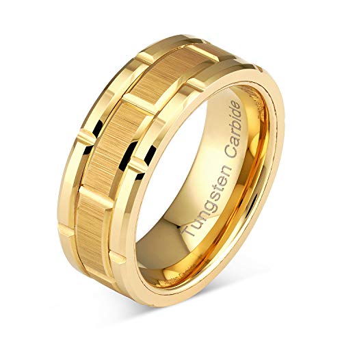 100S JEWELRY Tungsten Ring For Men Women Wedding Band Gold Brick Pattern Brushed Grooved Size 6-16 (tungsten, 9.5)