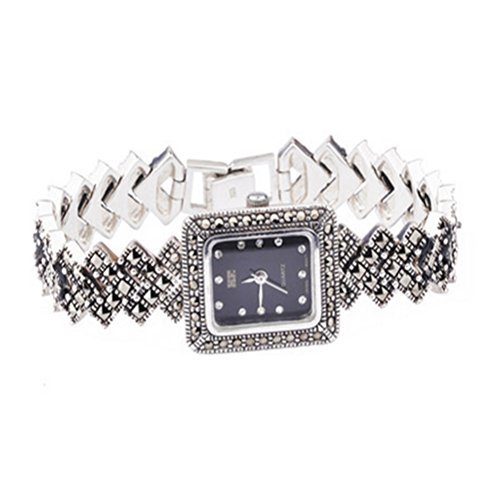 JadeAngel Sterling Silver Wristwatch 925 Silver Bracelet with Marcasite Luxury Vintage Jewelry (Black)
