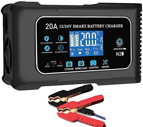 20-Amp Lifepo4 Lithium AGM Gel Smart Battery Charger, 12V/20A 24V/10A Trickle Charger, Maintainer for car Boat Motorcycle, Lawn Mower