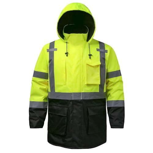 DPSAFETY Reflective Jacket, High Visibility Parka, Waterproof Hi Vis, Safety Jacket with Removable Hood and Zipper, ANSI Class 3 (Lime, 2XL)