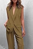 PRETTYGARDEN Women's 2 Piece Outfits Button Up Sleeveless V Neck Vest Jacket and Long Pants Suit Sets (Army Green,Large)