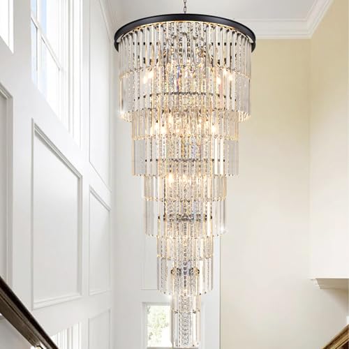 Arotikee Luxury Modern Long Staircase K9 Chandeliers Black Top Design 10-Tier Large Foyer Entrance Chandeliers for High Ceiling Big Crystal Chandelier(Height 62 inch 37 Lights)