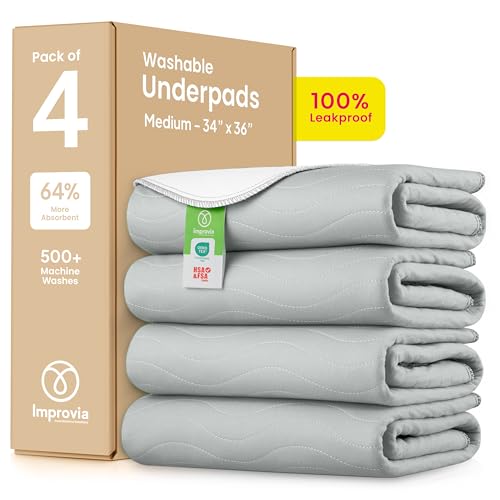 IMPROVIA® Washable Underpads, Heavy Absorbency Reusable Incontinence Pads for Kids, Adults, Elderly, and Pets - Waterproof Protection Floor Gray & White (4 Pack - 34x36)