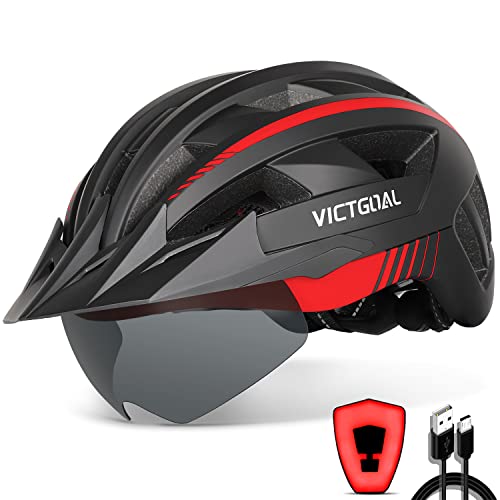 VICTGOAL Bike Helmet with USB Rechargeable Rear Light Detachable Magnetic Goggles Removable Sun Visor Mountain & Road Bicycle Helmets for Men Women Adult Cycling Helmets (M: 54-58 cm, Black Red)