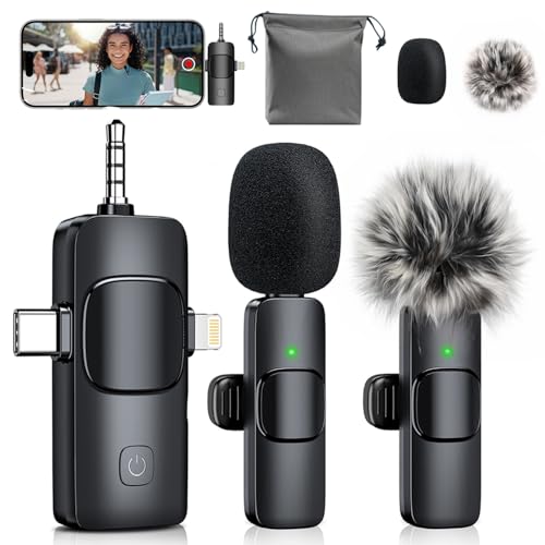 MENERESAS 3-in-1 Mini Microphone for iPhone: Wireless Lavalier Microphones for iOS/Android Devices/Camera - Noise Reduction Lapel Mic - Clip on Mic for Video Recording, Multifunctional