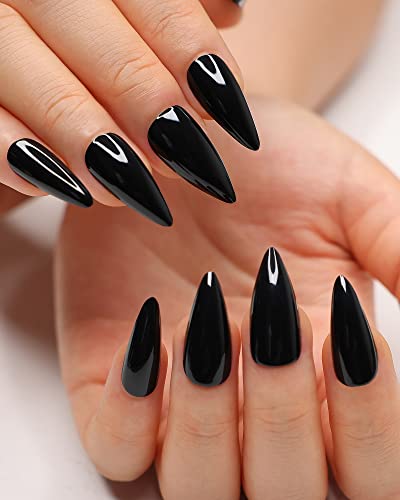 morily 24Pcs Black Press on Nails Stiletto Fake Nails Medium Length Almond False Nails Tips Long Acrylic Glossy Stick on Nail Solid Color Full Cover Fingernails Manicure for Women (Black)