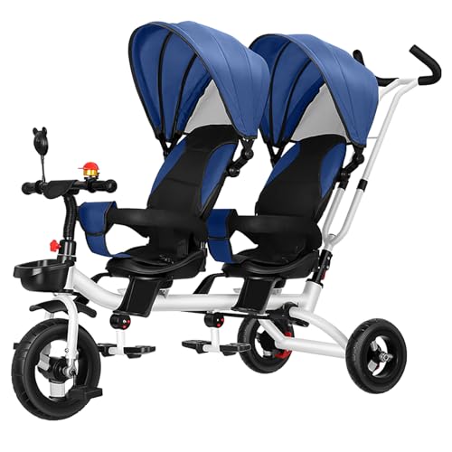 JIYIAN Baby Twin Kids Tricycle,360°Swivel Seat,Adjustable Carport and Seat Backrest,Can Be Turned to Push The Guardrail Parasol Convertible Stroller,Blue