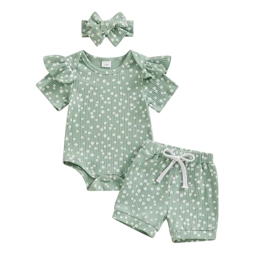 Newborn Baby Girl Clothes Summer Knit Ribbed Floral Print Short Sleeve Romper Shorts Headband Outfit Set (Green Floral, 12-18 Months)
