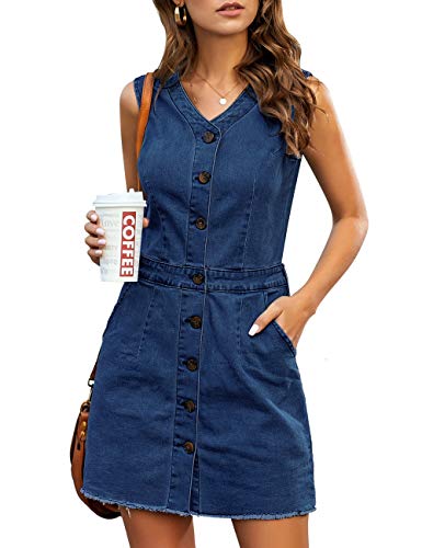 luvamia Women's Casual V Neck Sleeveless Jeans Button Down Denim Short Dressfall Dresses for Women 2022 Sleeveless Dress for Women Sleeveless Dresses for Women Deep Blue Size X-Large