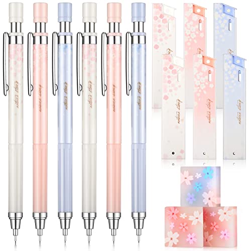 15 Pcs 0.5 mm Mechanical Pencil Set Include 6 Pcs Japanese Cute Pencils with 6 Tubes Pencil Refill and 3 Cute Cherry Erasers for Sketching Architecture Drawing