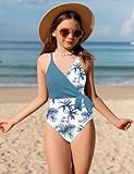 Tomolant Girls Swimsuits Size 10-12 One Piece Bathing Suit Blue Tropical Print with Adjustable Straps Girls'Swimwear with Cover Up