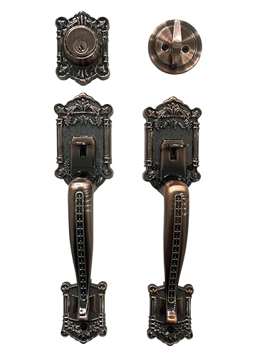 LOCKSET4U Zita Single Front Door Hardware Set, Grip Entry Door Lock Set with Grip Handle and deadbolt, Antique Copper