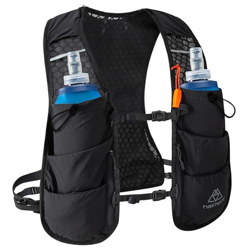 Haimont Running Hydration Vest with 2 TPU Soft Flasks, 5L Lightweight Runner Vest Pack for Women Men, Running, Trail, Race, Marathon, L, Black