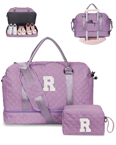 Vogewood Initial Duffle Bag, Weekender Bags with Shoe Compartment and Shoulder Strap, Monogram Overnight Bag for Women Wet Pocket, Girl Travel Bag with Makeup Bag Gifts for Niece (Letter R)