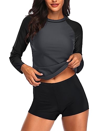 Daci Women Grey Black Two Piece Rash Guard Long Sleeve Swimsuits UV UPF 50+ Swim Shirt Bathing Suit with Boyshort Bottom S