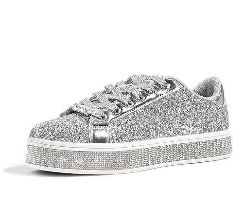 LUCKY STEP Women's Platform Glitter Sneakers | Sparkly Bling Shiny Dressy Bedazzled Wedding Bridal Fashion Walking Shoes (Silver,9 B(M) US)