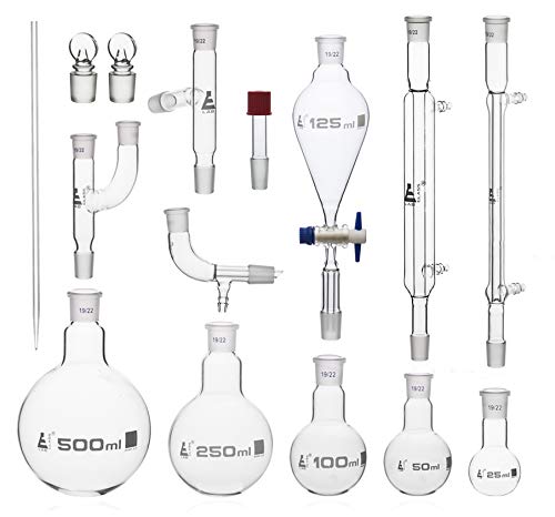 Distillation Kit - Organic Chemistry Set with Size 19/22 Interchangeable Joints - 15 Pieces with Hard Storage Briefcase - Borosilicate Glass - Eisco Labs