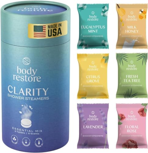 Body Restore Shower Steamers Aromatherapy 6 Pack - Birthday Gifts for Women, Men, Travel Essentials, Stress Relief, Relaxation, Self Care - Variety