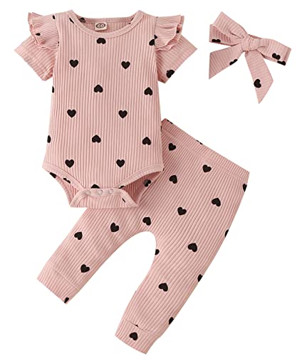 Fullfamous Infant Baby Girl Clothes Outfits,Spring Summer Romper and Pant Set 6-9 months Pink Heart