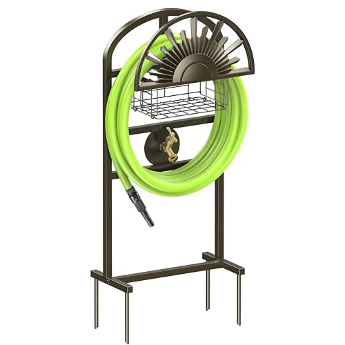 GOFORWILD Garden Hose Holder with Brass Faucet, Freestanding Water Hose Stand with Storage Basket, Detachable Heavy Duty Hose Reel Hanger Holds 150-Feet Hose for Outside Patio Yard Lawn