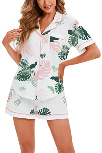 LUBOT 100% Cotton Women's Pajamas Set Short Sleeve Button-Down Shirt PJ 2 Piece Set Printed Patterned Summer Night Suit Sleepwear Loungewear (Leaves, M)