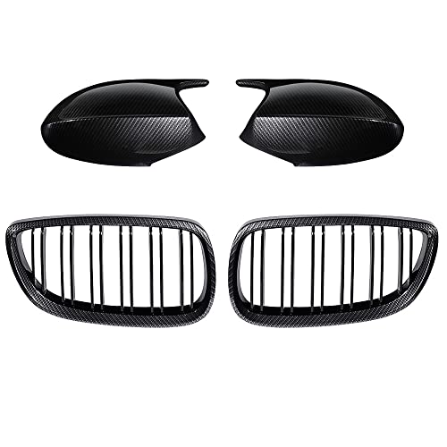 Astra Depot Glossy Black Carbon Fiber Kidney Grille Dual Slats + Carbon Fiber Side Mirror Cap Cover Replacement For 2006-2010 BMW E92 E93 328i 335i 2-Door Pre-LCI