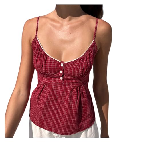 Women Floral Print Cami Top Y2k Spaghetti Strap Lace Camisole Fairy Grunge Scoop Neck Button Down Tie Back Tank Top (Cute Watermelon Red, S)