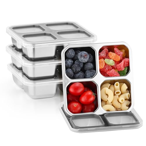 4 Pack Stainless Steel Snack Containers with Lids Lunchable 4 Compartment Food Storage Containers for Adults & Kids Meal Prep Reusable - Bento Lunch Container for School, Work, and Travel (4)