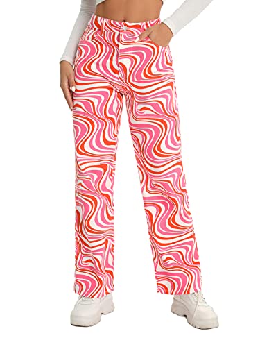 WDIRARA Women's High Waisted Wide Leg Print Casual Colorful Pattern Baggy Jeans Denim Aesthetic Pants Marble Rose Red M