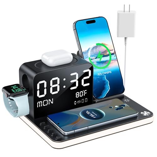 7 in 1 Wireless Charging Station for Apple Device Wireless Charger with Night Light Bluetooth Time & Temperature Sync 30W Fast Charger for iPhone 16/15/14/13/12 All Series Android Phone Airpods iWatch