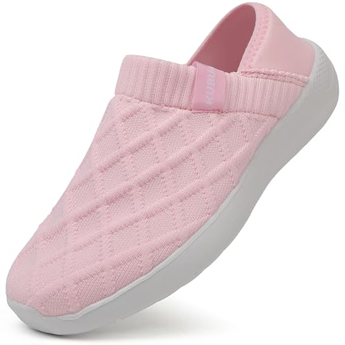 KUBUA Mens Womens Slippers Indoor Lightweight House Shoes Outdoor Breathable Slip on Loafers Pink White Size 10.5 Women/9 Men