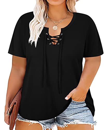 CARCOS Plus Size Lace Up Tops for Women 3X Short Sleeve T Shirts V Neck Solid Black Blouses Casual Loose Fit Criss Cross Tunics for Summer 3XL 22W 24W