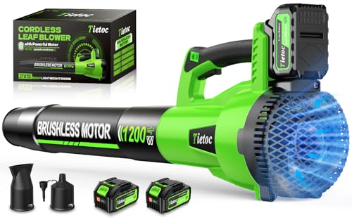 Tietoc Leaf Blower Cordless, 735CFM/200MPH Brushless Electric Leaf Blower with 2 X 5.0Ah Battery, 6 Speed Levels, 2 Extended Tube and 3 Nozzles, Powerful Leaf blowers for Garden,Yard,Lawn Care (Green)
