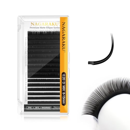 NAGARAKU Double Tips Ellipse Eyelash Extensions Lighter Thinner Flat Split Tips Individual Lash 0.20mm D curl 8-15mm Mix Tray Matte Black Faux Mink Classic False Lash Supplies 16 Rows