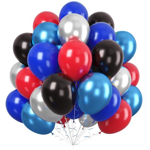 Paready Red Black Blue Balloons Set, 60Pcs Spider Balloons, 12Inch Metallic Blue Silver Balloon Red Black Latex Balloon Helium for Boys Kids Hero Themed Baby Shower Birthday Party decorations