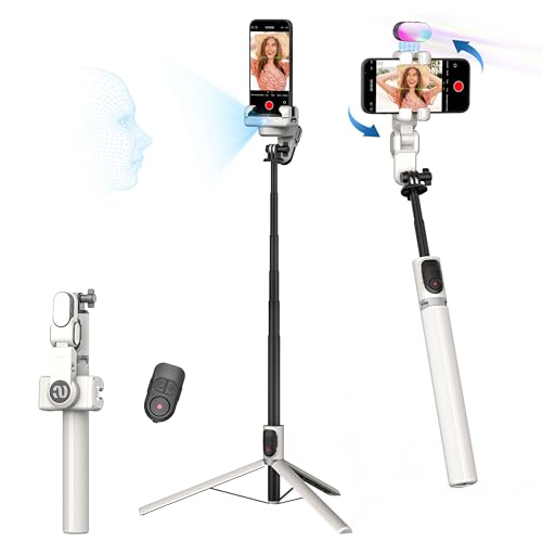 AOCHUAN Auto Face Tracking Tripod 360 Rotation w/Stand for iPhone Android,Selfie Stick Phone Stand 360 Rotating for Video Recording,Phone Holder Follow You w/Remote,RGB Light for TikTok(M2Pro White)