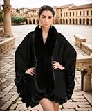 Tngan Faux Fox Fur Trim Cardigan Cloak Shawl Wraps Winter Poncho Oversized Cape Black