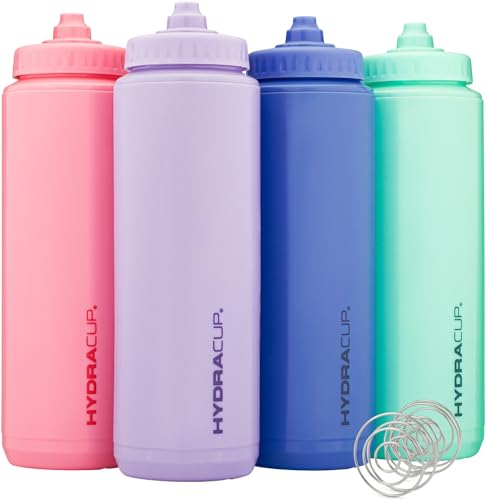 Hydra Cup Sport [4 Pack] 32 oz Squeeze Water Bottles, Fast Flow Sports Water Bottle with Ball Blender Whisk, Bike & Cycling Water Bottle, Travel To Go, BPA Free (Bright Colors)