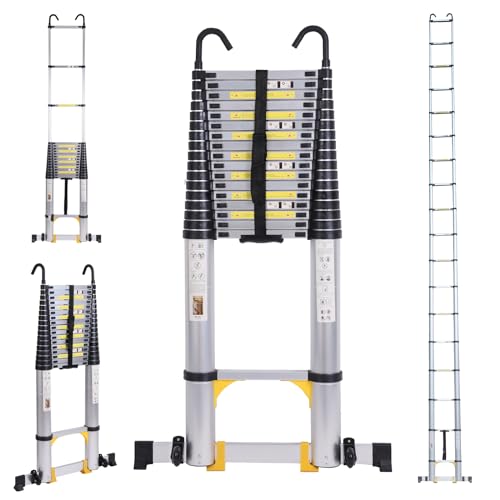 26.2FT Telescoping Ladder with Stabilizer Bar Wheels and Hooks, Multi-Purpose Extension Aluminum Folding Ladder Collapsible Adjustable Telescopic Ladders Extendable Ladder for Homeuse