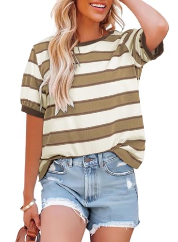Dokotoo Shirts for Women Summer Tops 2025 Striped Color Block Short Sleeve Women's T-Shirts Crewneck Casual Womens Cotton Tshirts Loose Soft Basic Tee Blouses Trendy Clothes Outfits Khaki Large