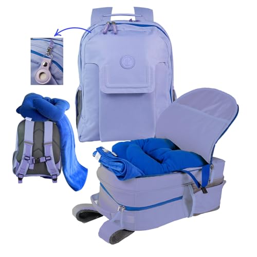 Kaywee 3pc Kids Travel Backpack for airplane | Kids travel pillow and blanket set | Kid AirTag holder included | Purple backpack